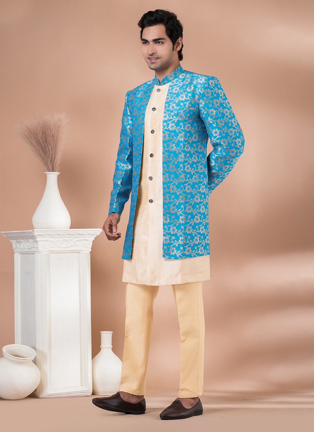 Foliage Prints Dupion Silk, Jacquard Cream, Turquoise Indo Western - M7042