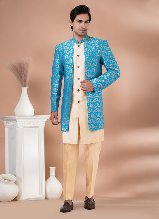 Foliage Prints Dupion Silk, Jacquard Cream, Turquoise Indo Western - M7042