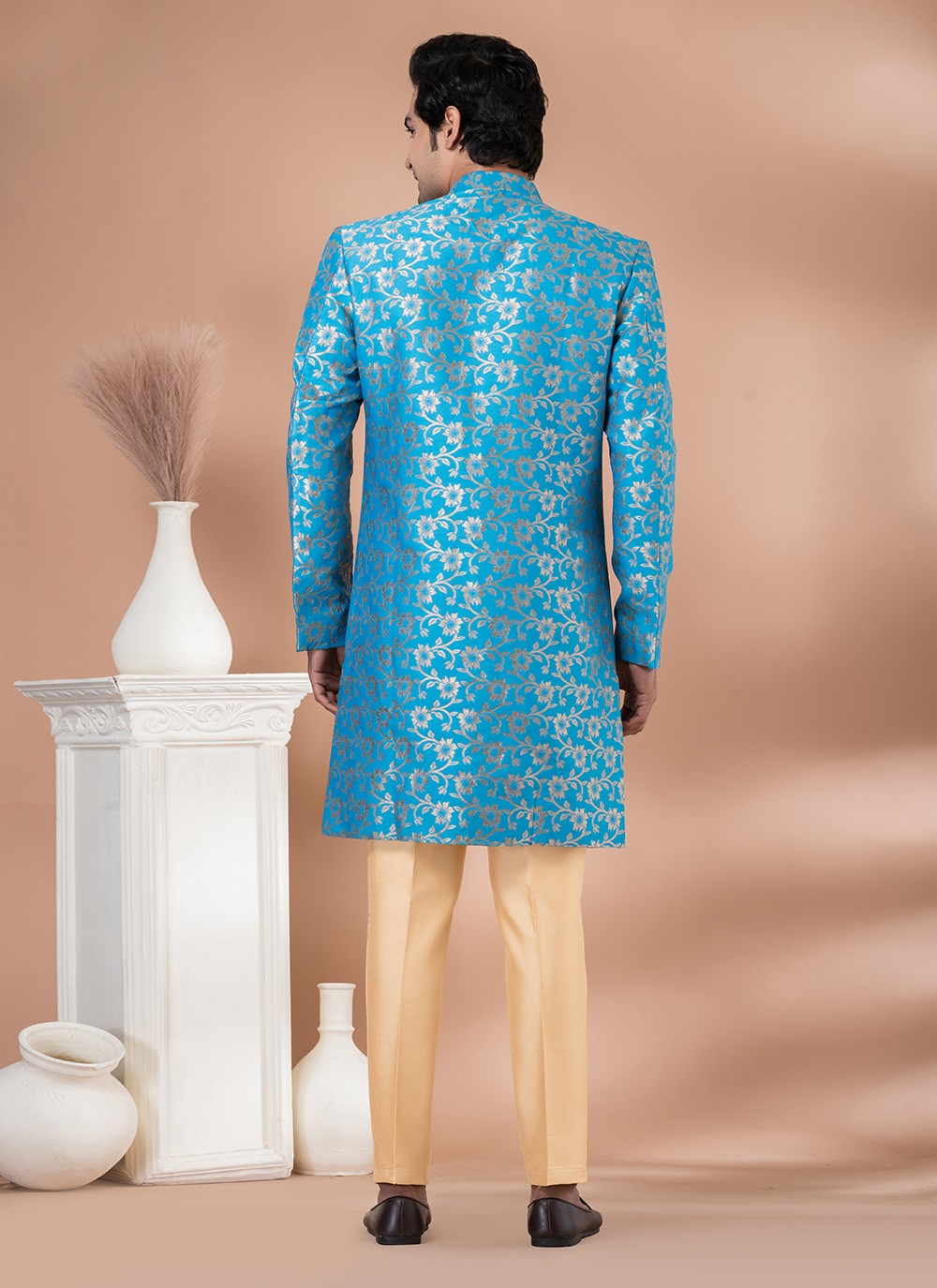 Foliage Prints Dupion Silk, Jacquard Cream, Turquoise Indo Western - M7042