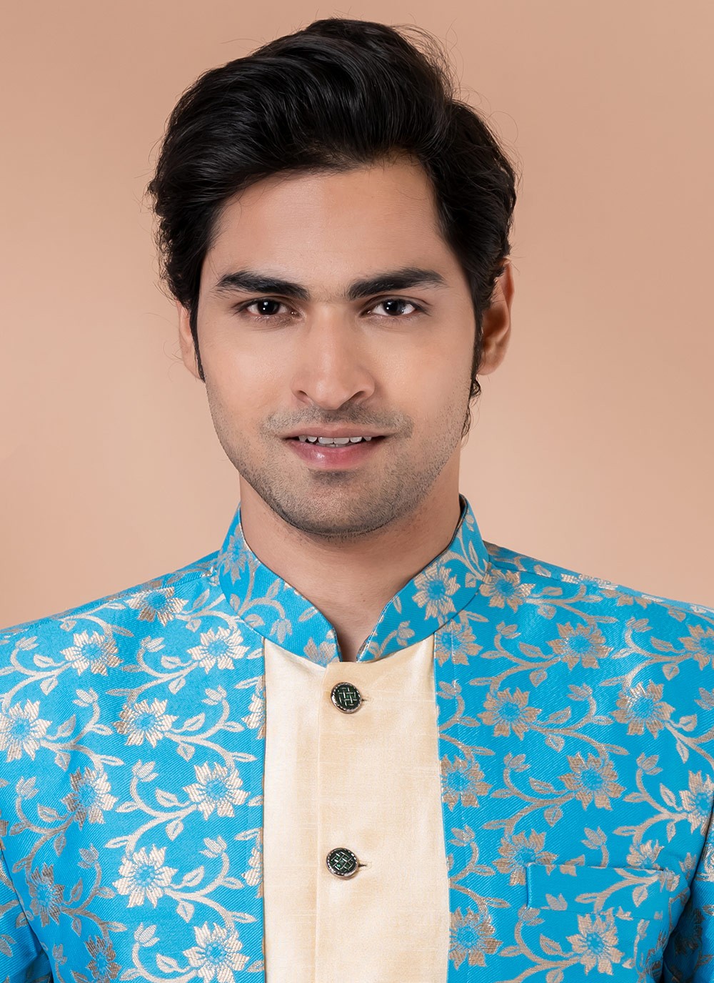 Foliage Prints Dupion Silk, Jacquard Cream, Turquoise Indo Western - M7042