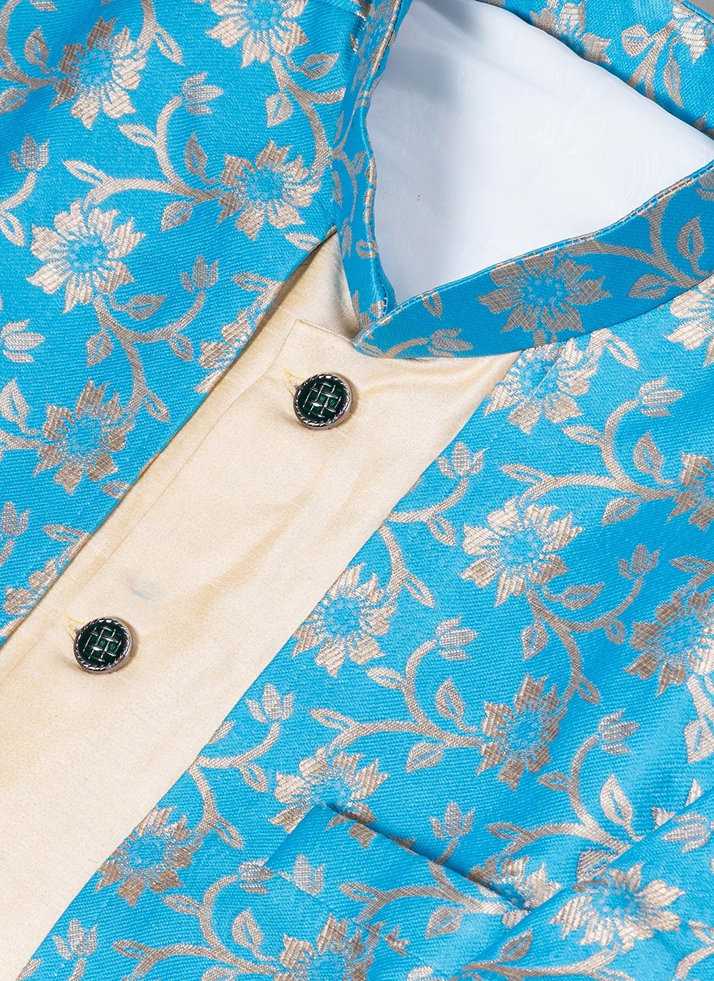 Foliage Prints Dupion Silk, Jacquard Cream, Turquoise Indo Western - M7042