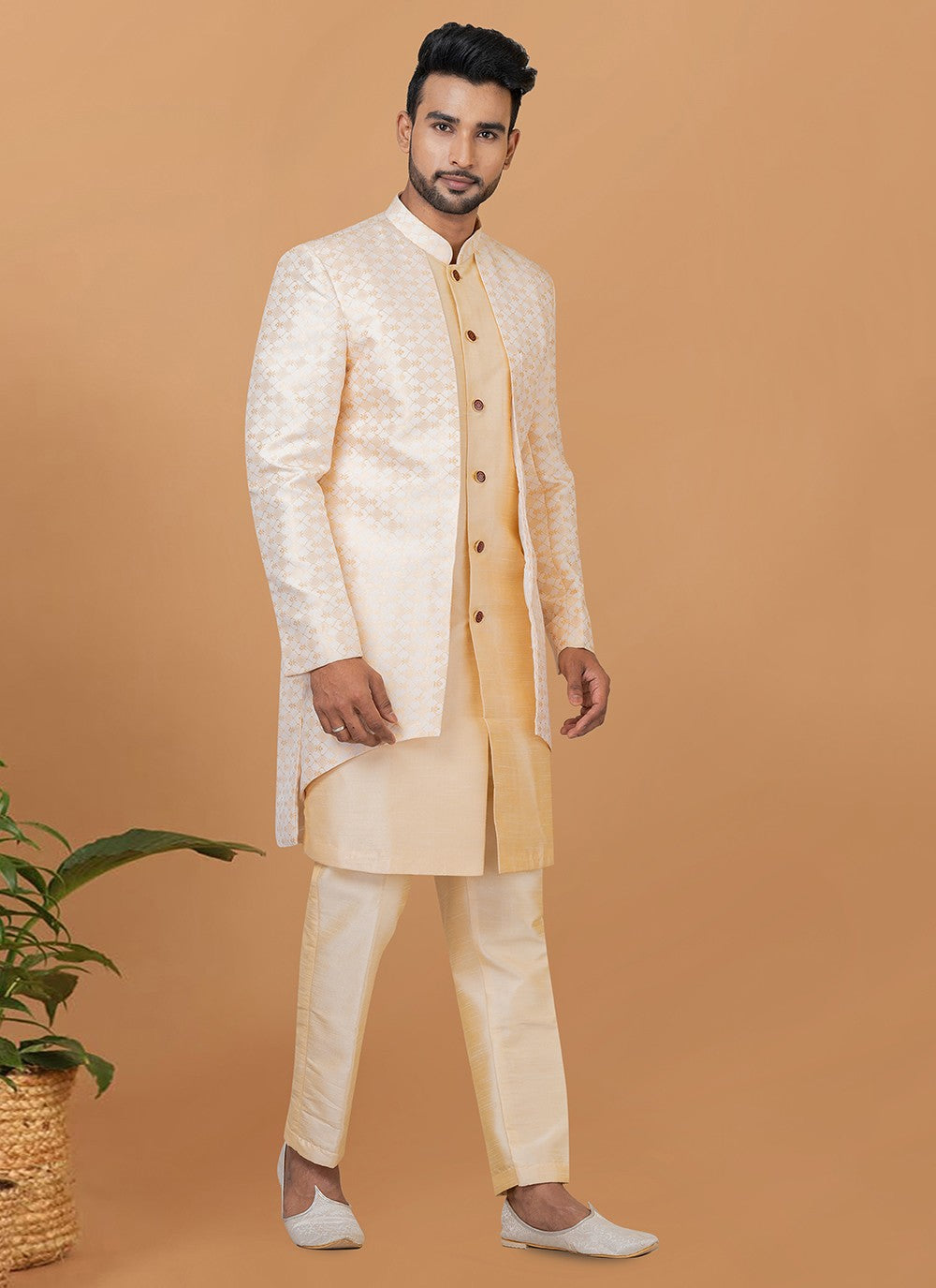 Fancy Work Dupion Silk, Jacquard Silk Cream, White Indo Western Sherwani - M5977