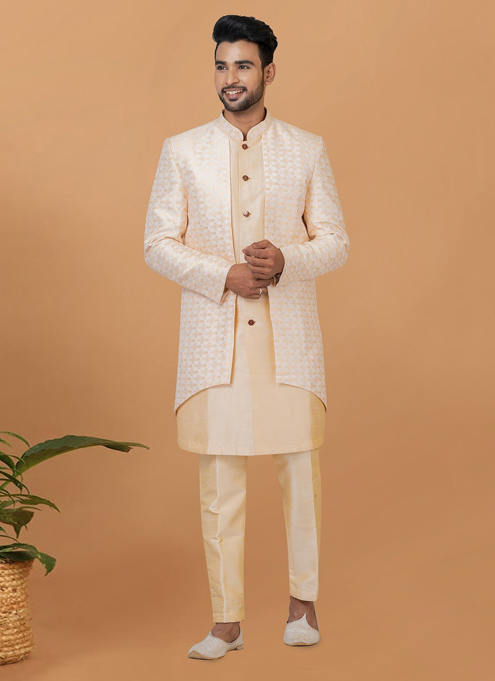 Fancy Work Dupion Silk, Jacquard Silk Cream, White Indo Western Sherwani - M5977