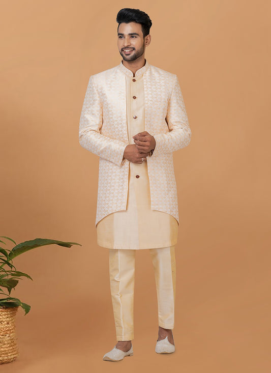 Fancy Work Dupion Silk, Jacquard Silk Cream, White Indo Western Sherwani - M5977