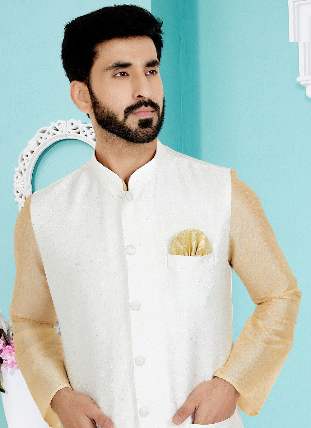 Fancy Work Jacquard Cream, White Kurta Payjama With Jacket - M5513