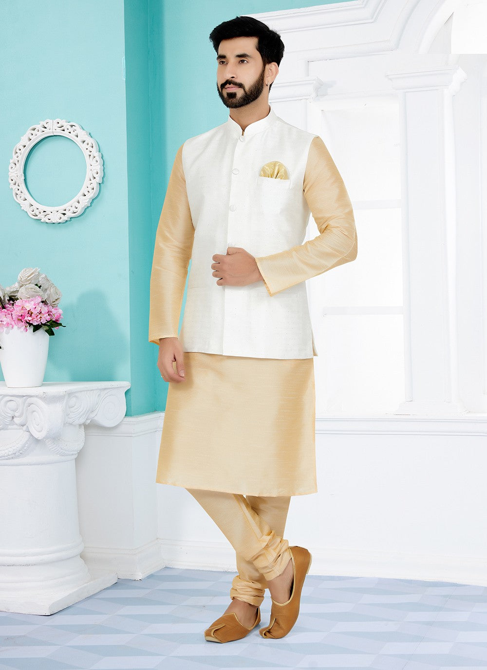 Fancy Work Jacquard Cream, White Kurta Payjama With Jacket - M5513
