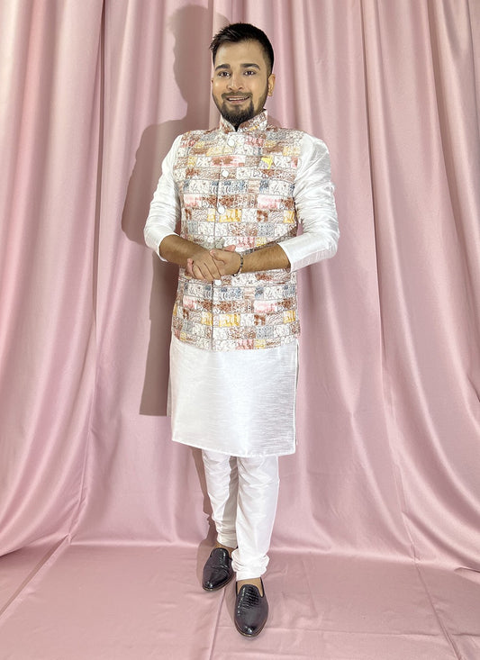Embroidered Rayon, Silk Cream, White Kurta Payjama With Jacket - M5903