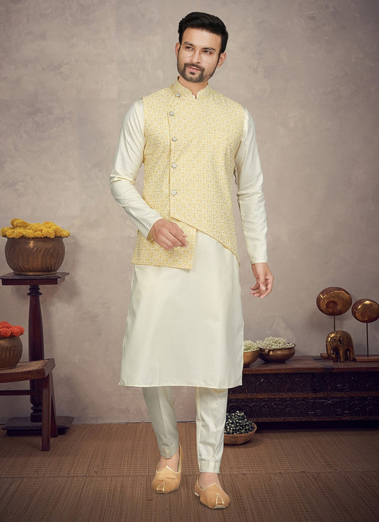 Digital Print Cotton Cream, Yellow Kurta Payjama With Jacket - M5841