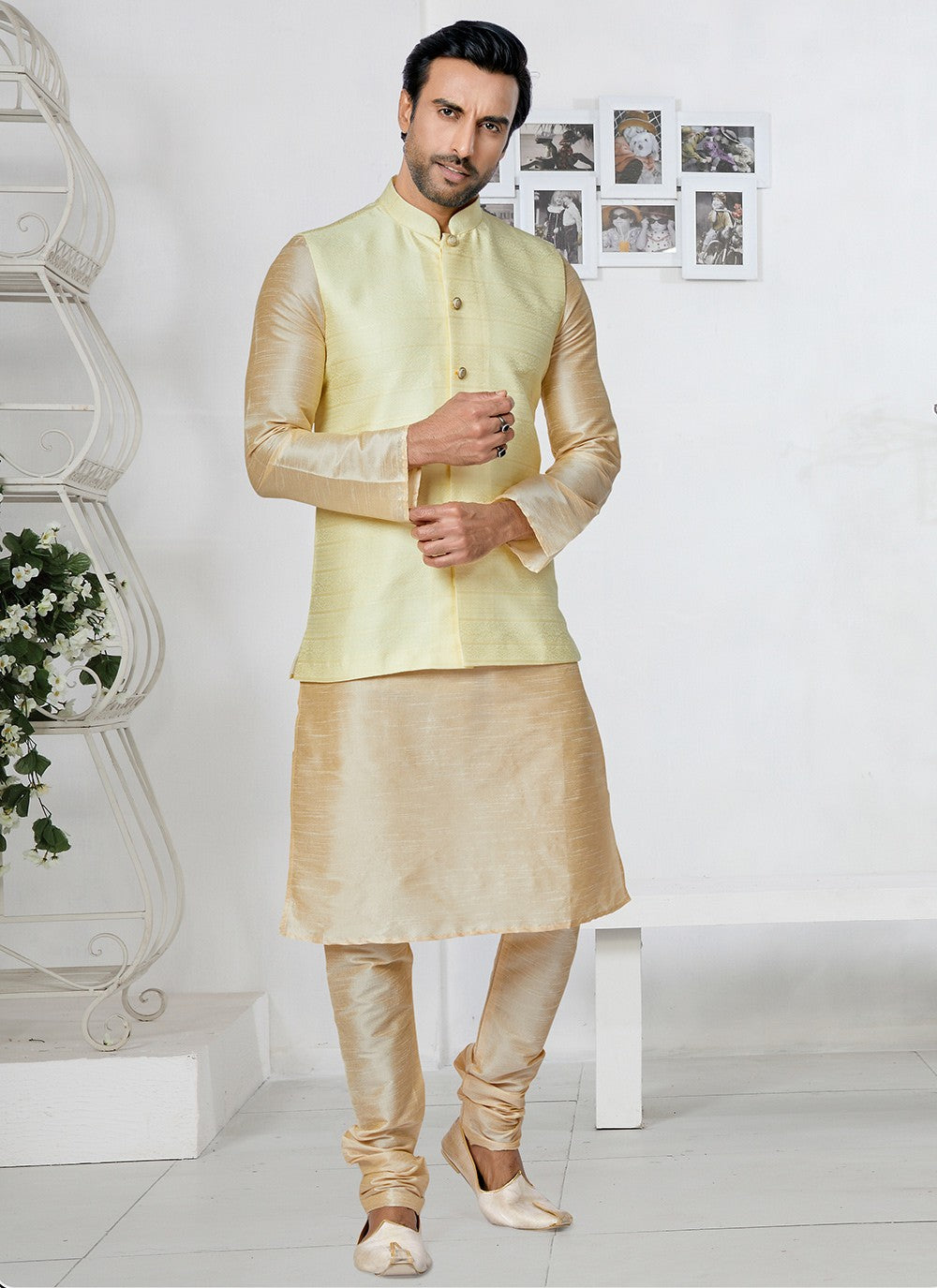 Fancy Work Jacquard Cream, Yellow Kurta Payjama With Jacket - M5515