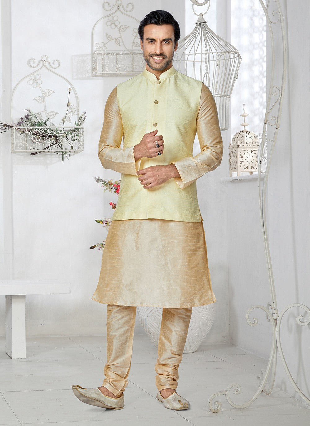 Fancy Work Jacquard Cream, Yellow Kurta Payjama With Jacket - M5515