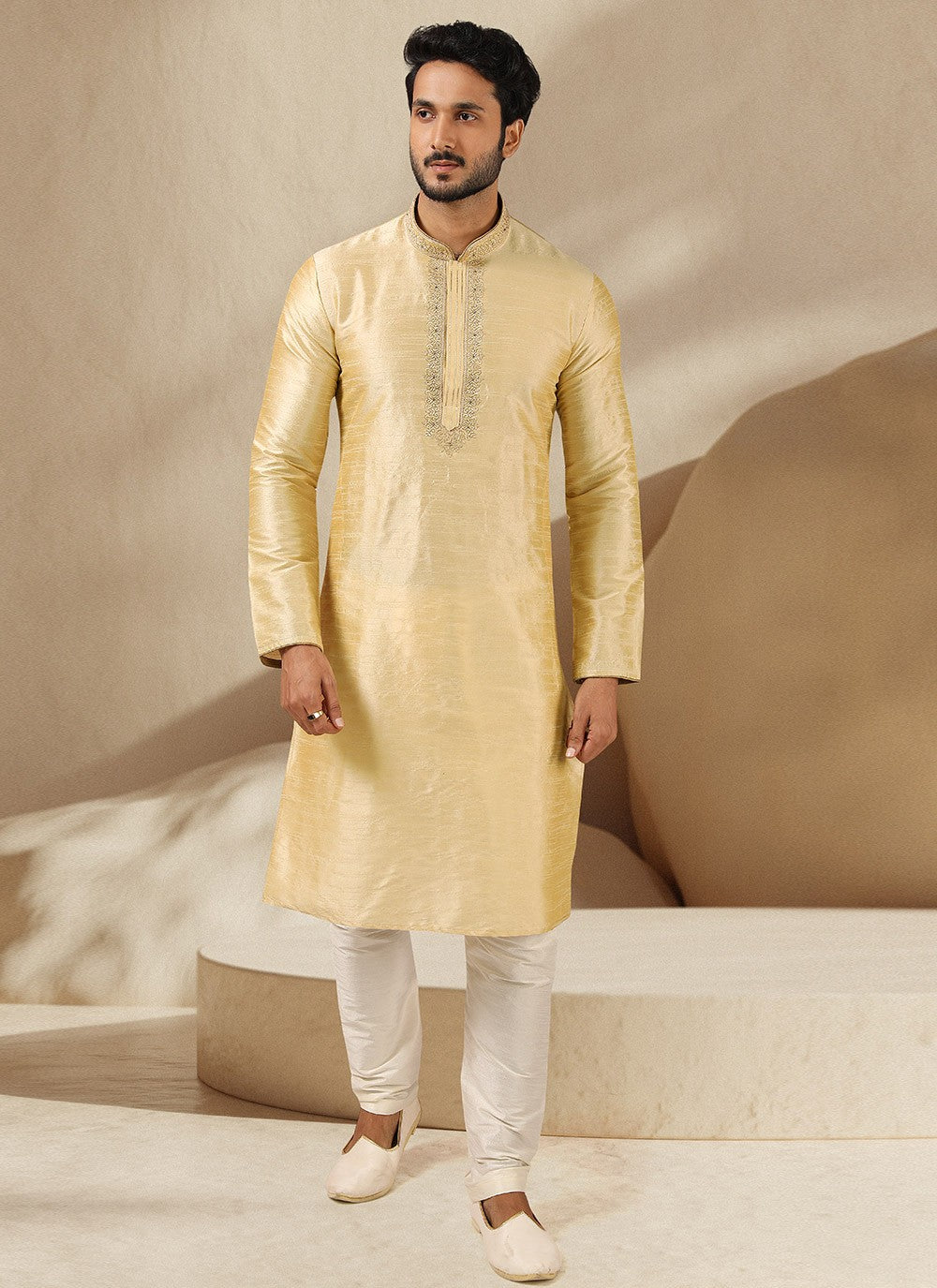 Embroidered Banarasi Silk Cream Kurta Pyjama - M3246