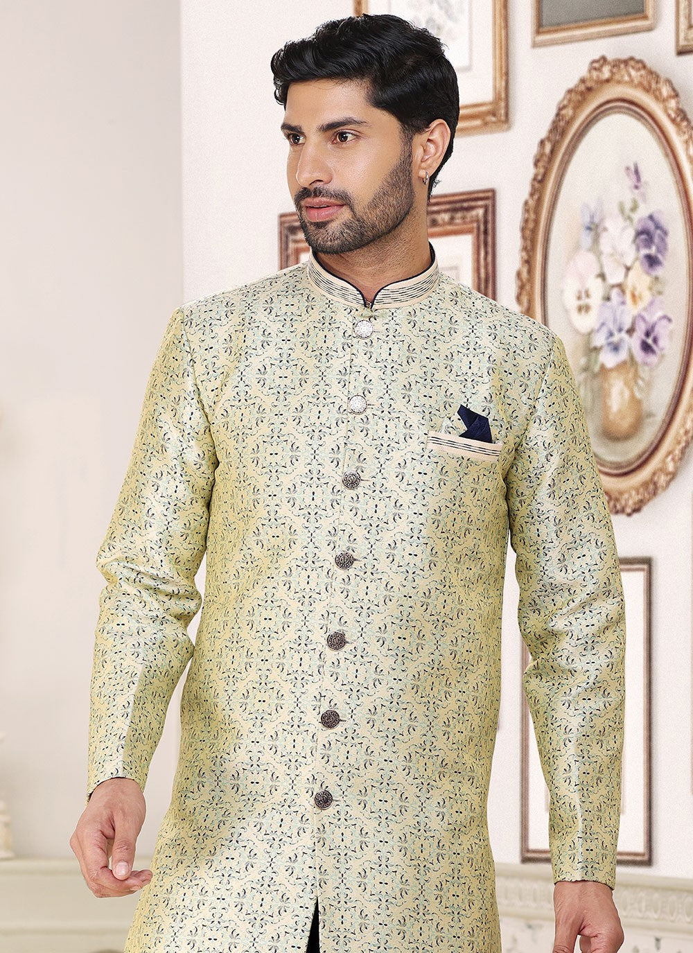 Fancy Work Banarasi Jacquard Cream Indo Western - M5209
