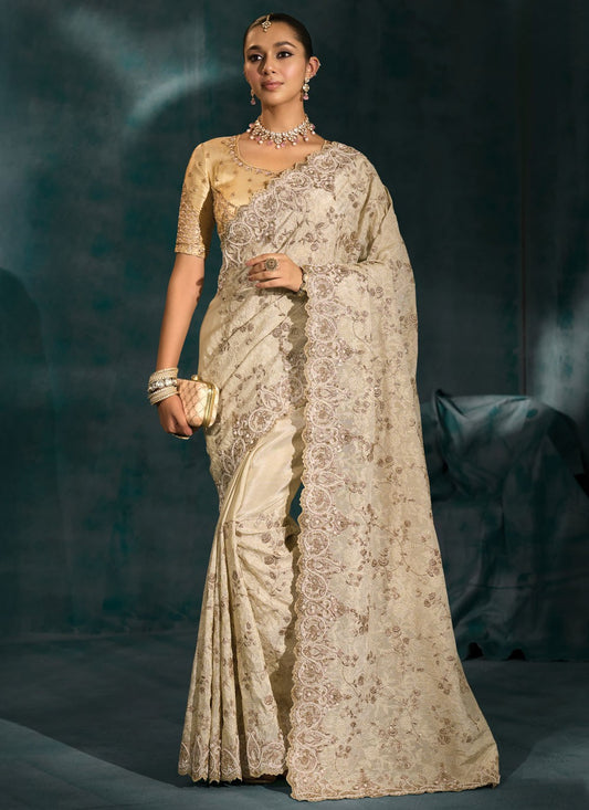 Cream Banarasi Silk Classic Saree Cutdana, Embroidered, Lucknowi Work, Moti S19710
