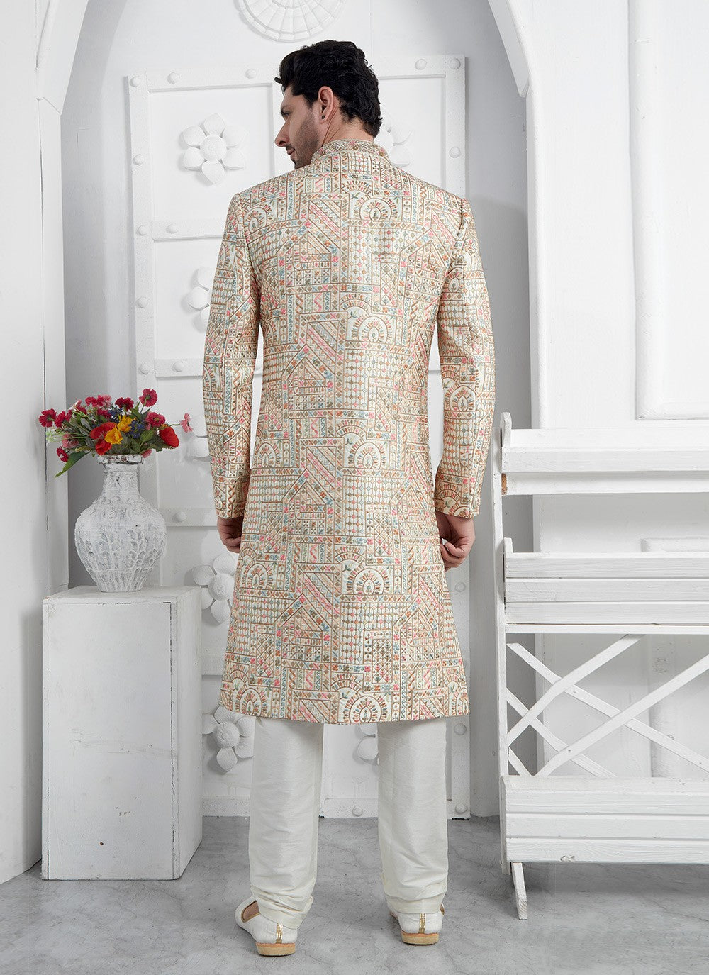 Embroidered Art Silk Cream Sherwani - M7458