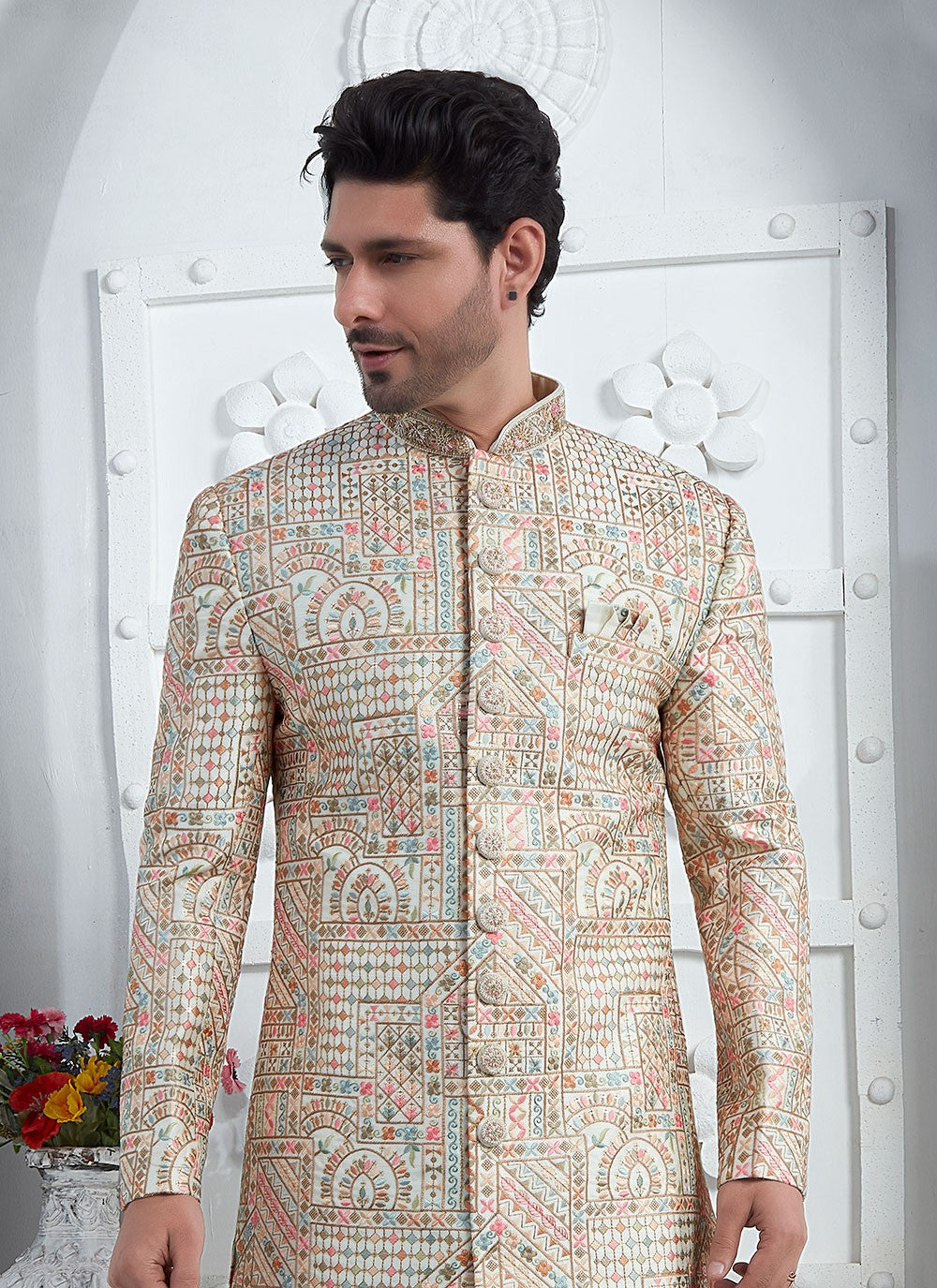 Embroidered Art Silk Cream Sherwani - M7458