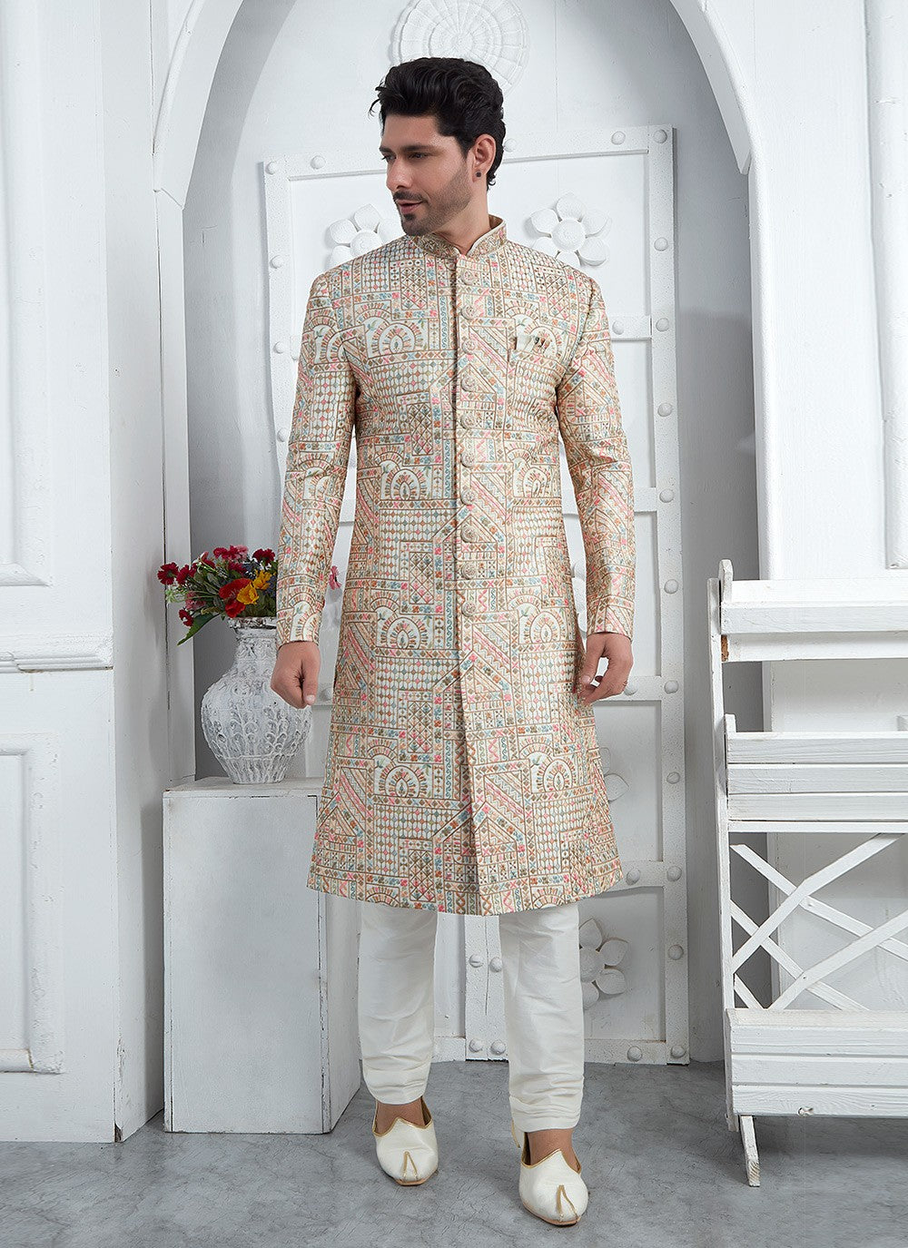 Embroidered Art Silk Cream Sherwani - M7458