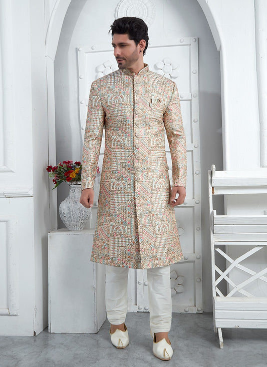 Embroidered Art Silk Cream Sherwani - M7458