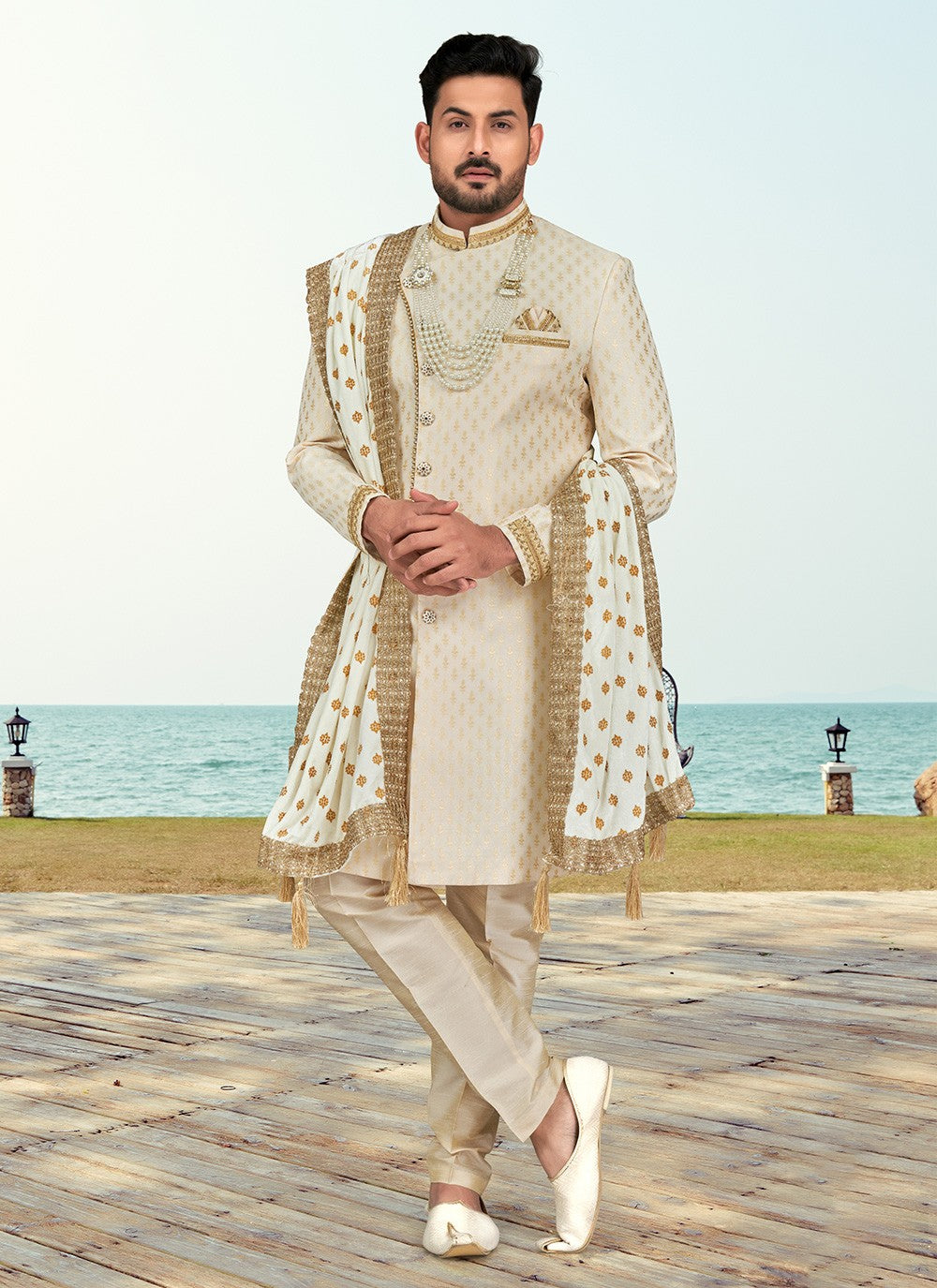 Thread Banarasi Silk Cream Sherwani - M6792