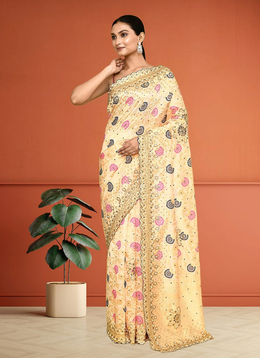 Hand Embroidery Kanjivaram Silk Cream Saree S14284