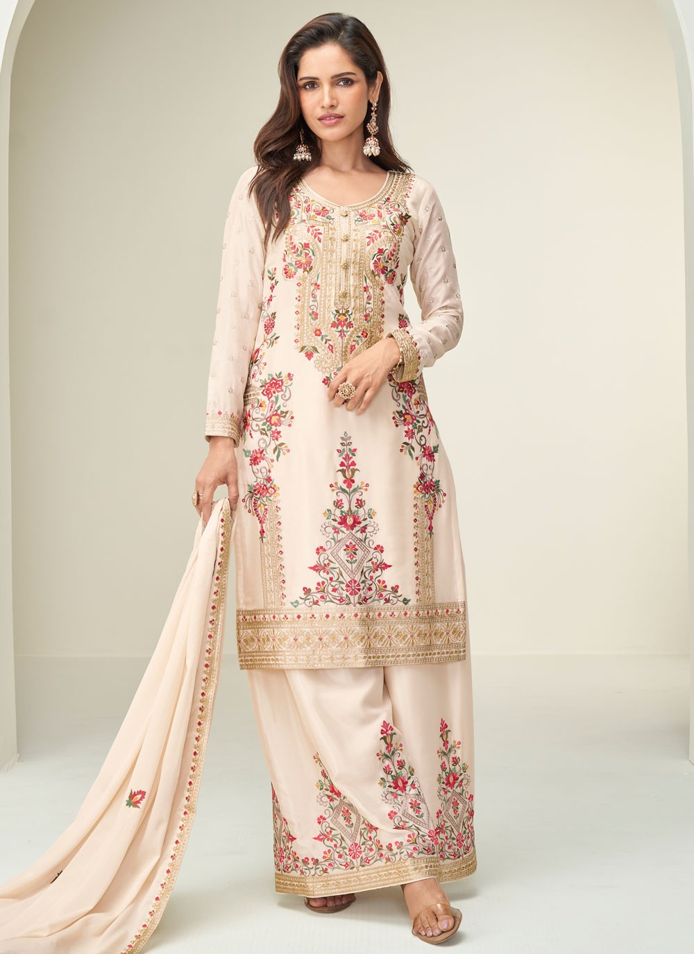 Palazzo Suit Embroidered Cream T8636