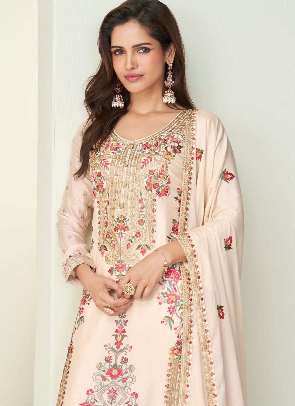 Palazzo Suit Embroidered Cream T8636