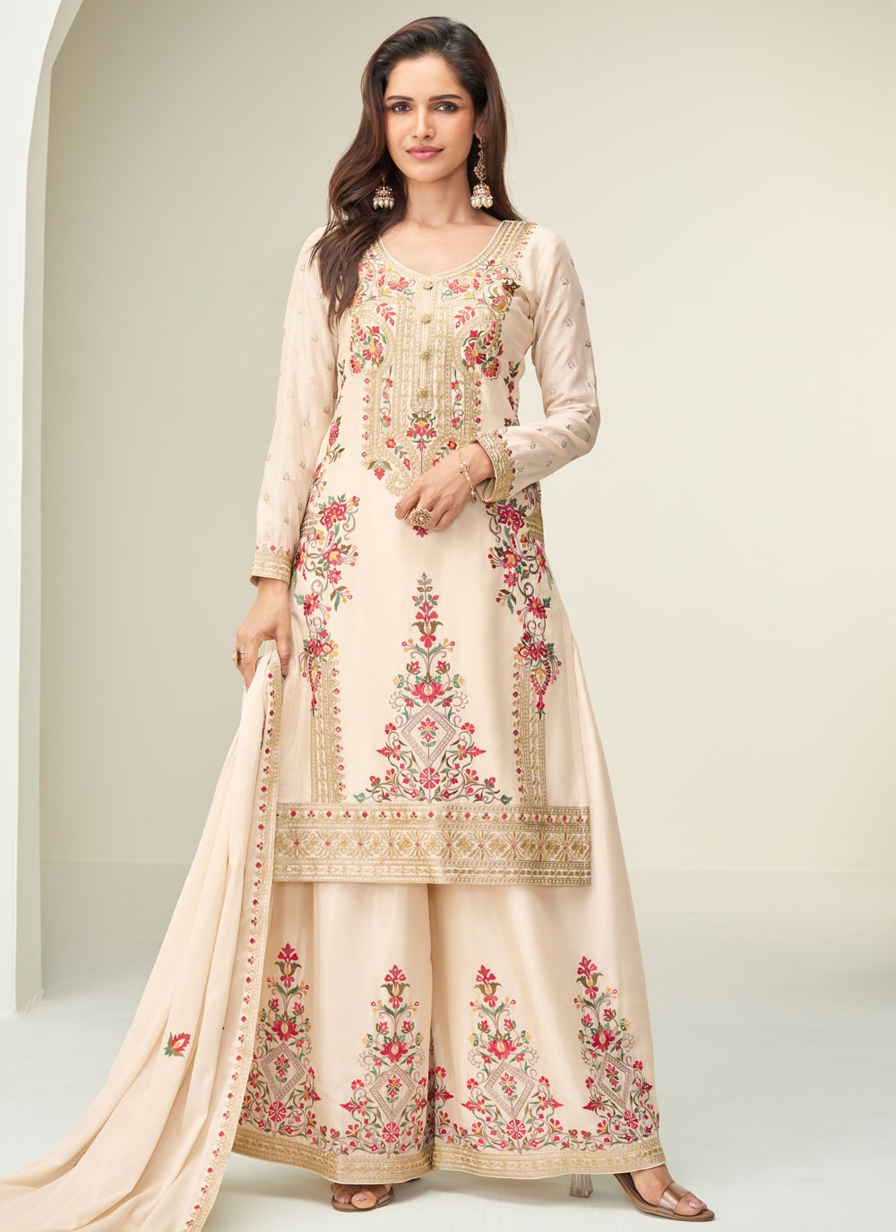 Palazzo Suit Embroidered Cream T8636