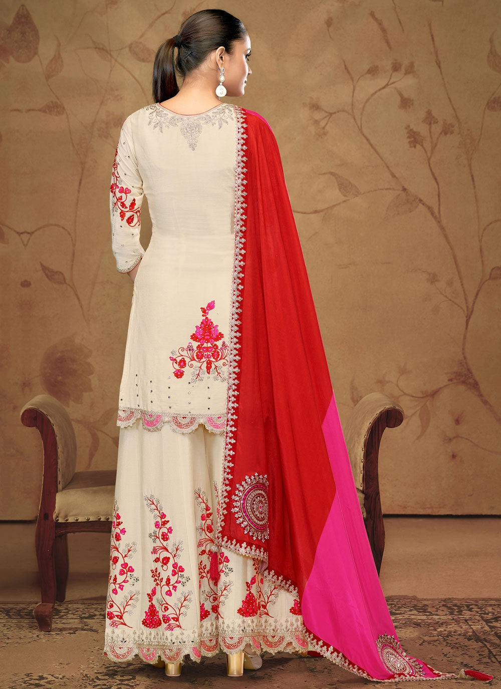 Embroidered Chinon Cream Palazzo Suit T6551