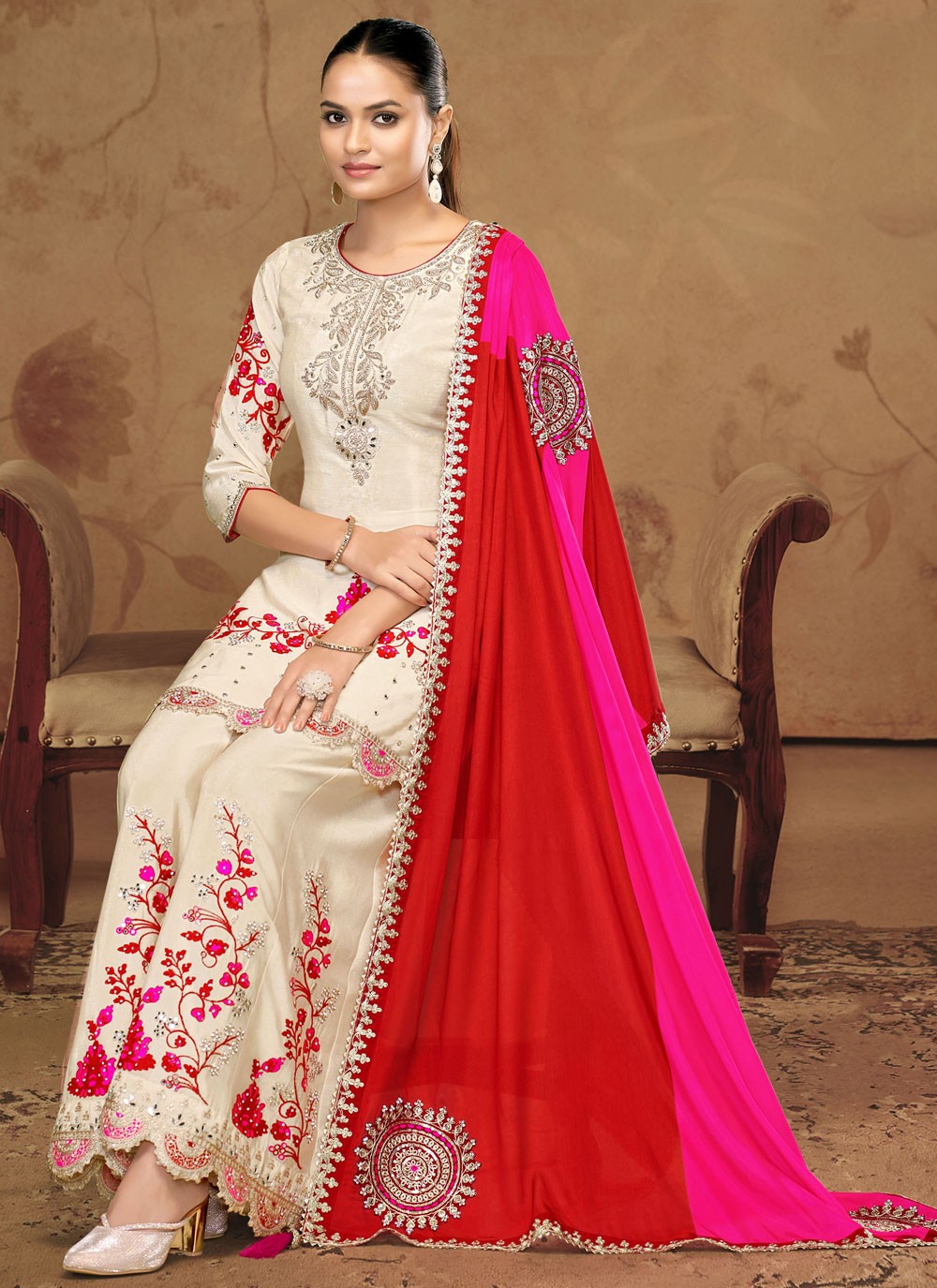 Embroidered Chinon Cream Palazzo Suit T6551