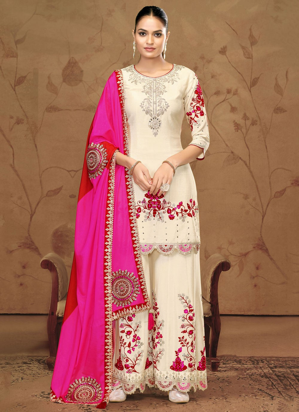 Embroidered Chinon Cream Palazzo Suit T6551