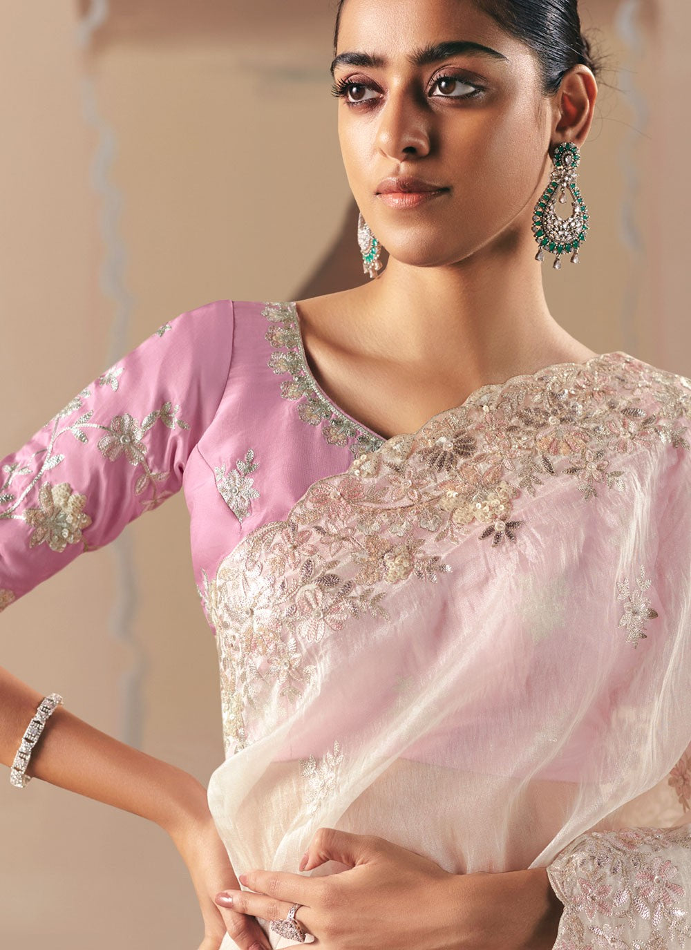 Cream Fancy Fabric Classic Saree Embroidered, Sequins S20026