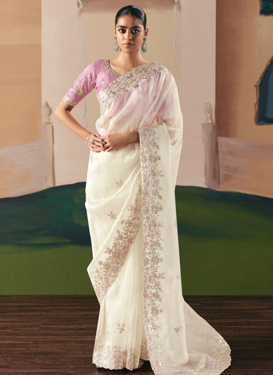 Cream Fancy Fabric Classic Saree Embroidered, Sequins S20026