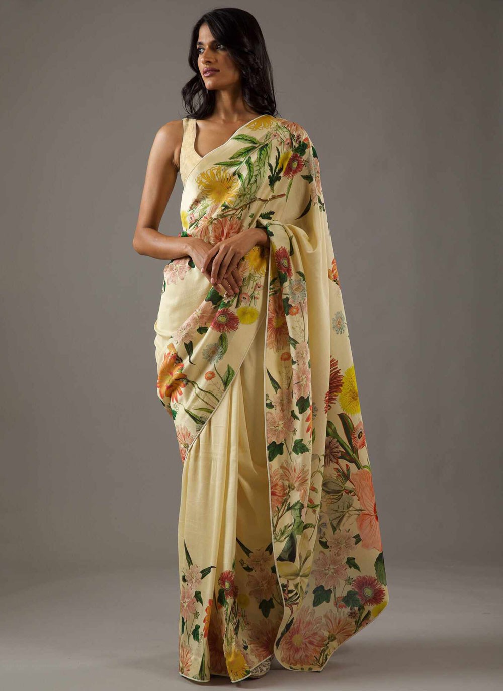 Classic Saree Printed Cream Pure Crepe Saree S13576