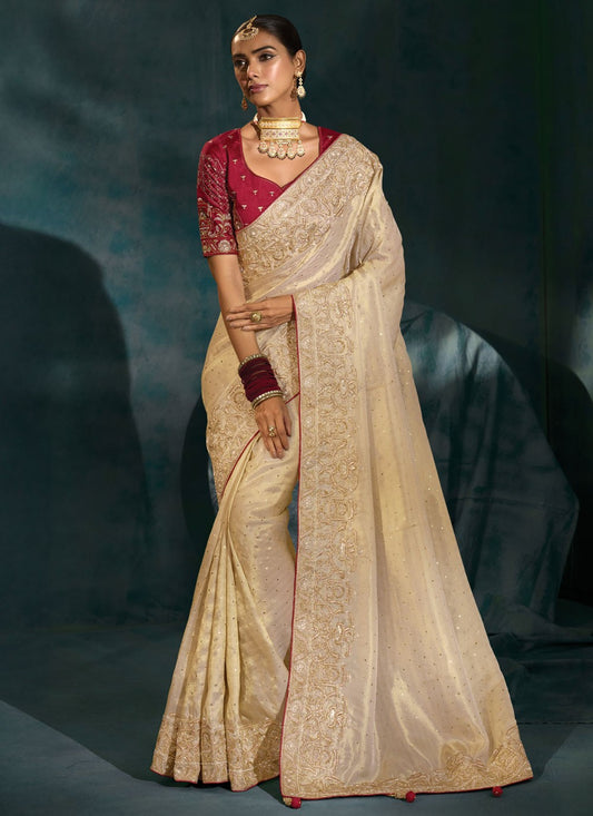 Cream Silk Classic Saree Cutdana, Embroidered, Moti, Mukesh Work, Zari S19714