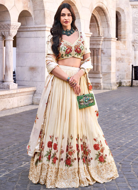 Embroidered Silk Cream Lehenga - L3310
