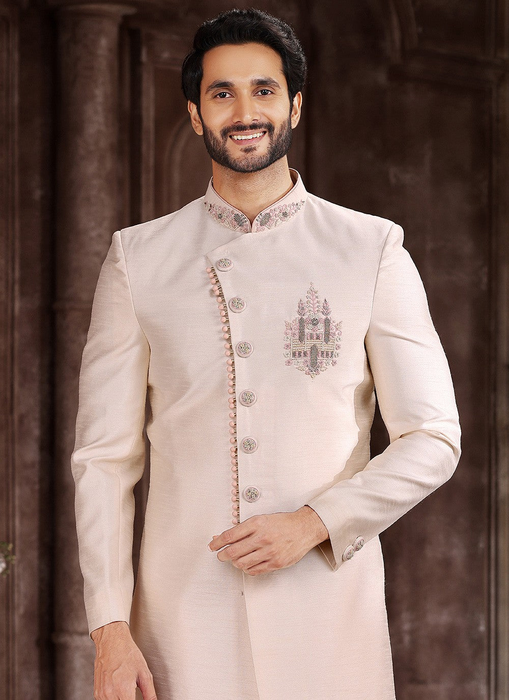 Embroidered Art Silk Cream Indo Western Sherwani - M5377