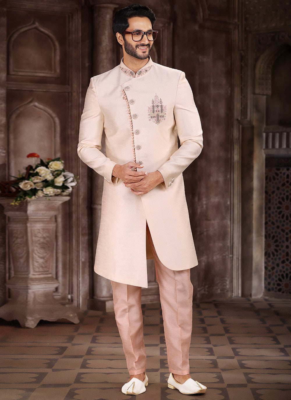 Embroidered Art Silk Cream Indo Western Sherwani - M5377