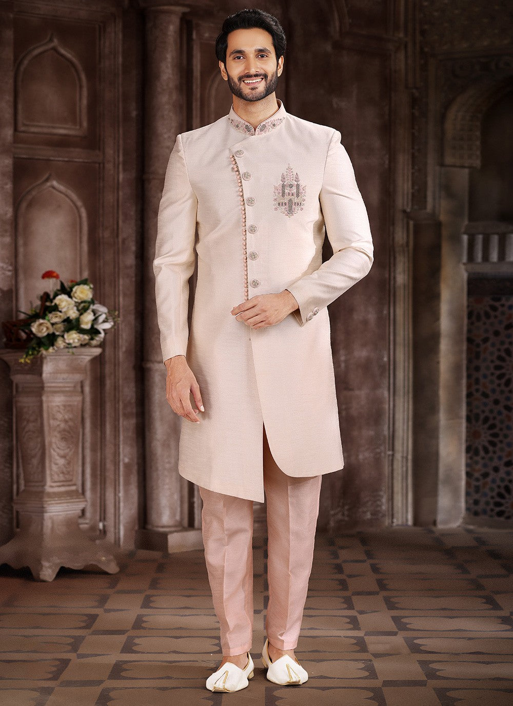 Embroidered Art Silk Cream Indo Western Sherwani - M5377