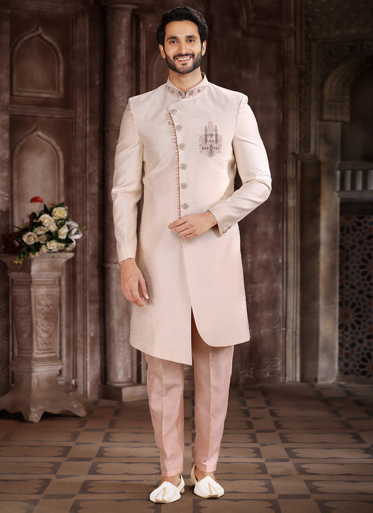 Embroidered Art Silk Cream Indo Western Sherwani - M5377