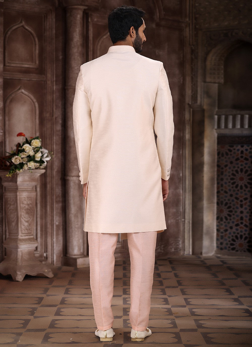 Embroidered Art Silk Cream Indo Western Sherwani - M5377