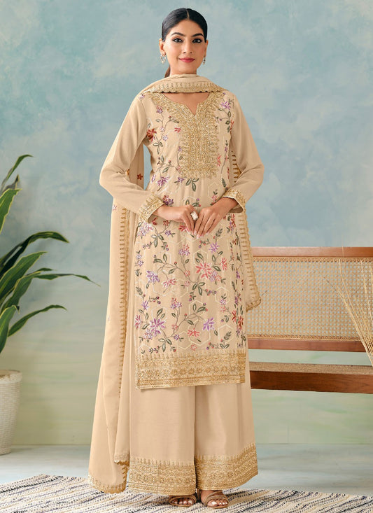 Palazzo Suit Embroidered, Zari Cream T7629