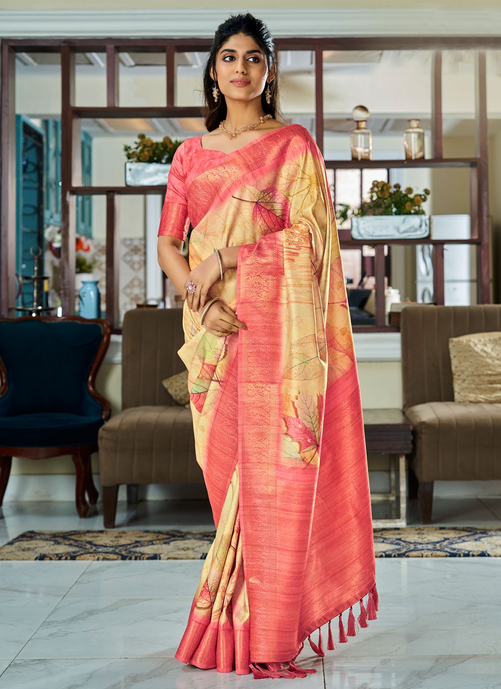 Trendy Floral Printed Handloom Silk Saree - S5403