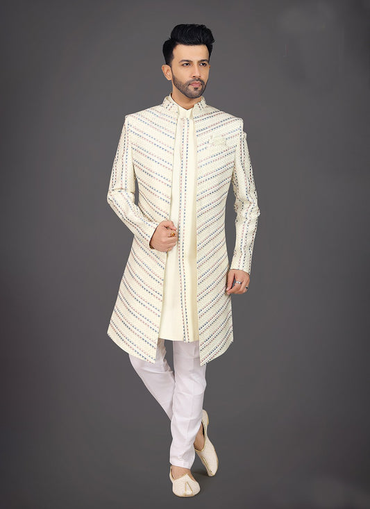 Embroidered Silk Cream Sherwani - M7955