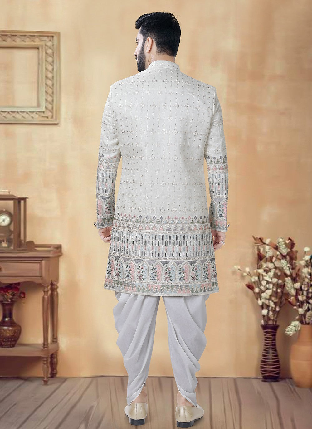 Embroidered Silk Cream Sherwani - M8499