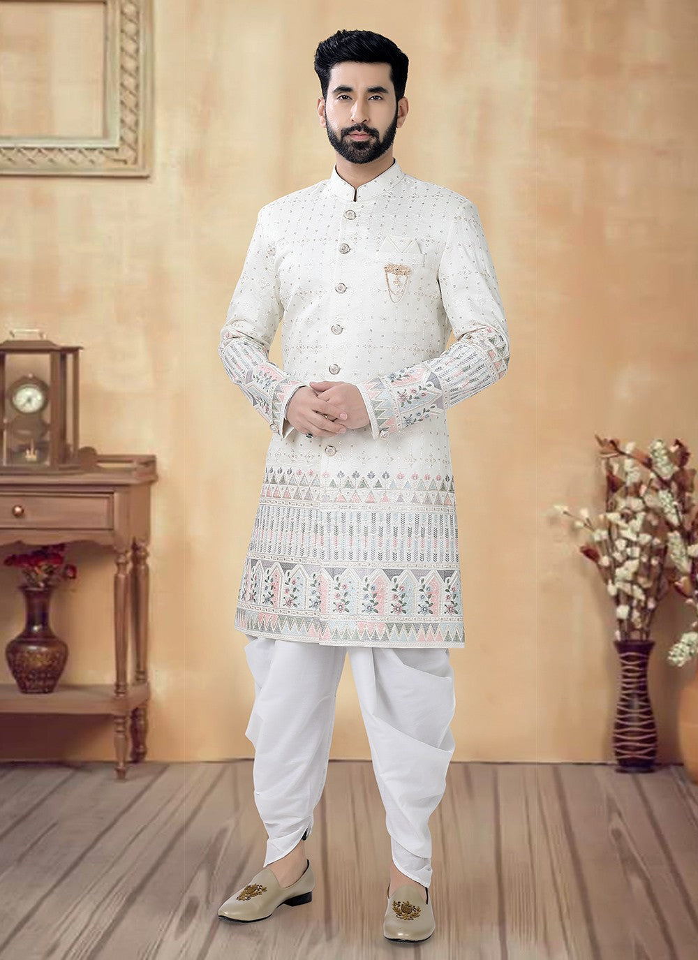 Embroidered Silk Cream Sherwani - M8499