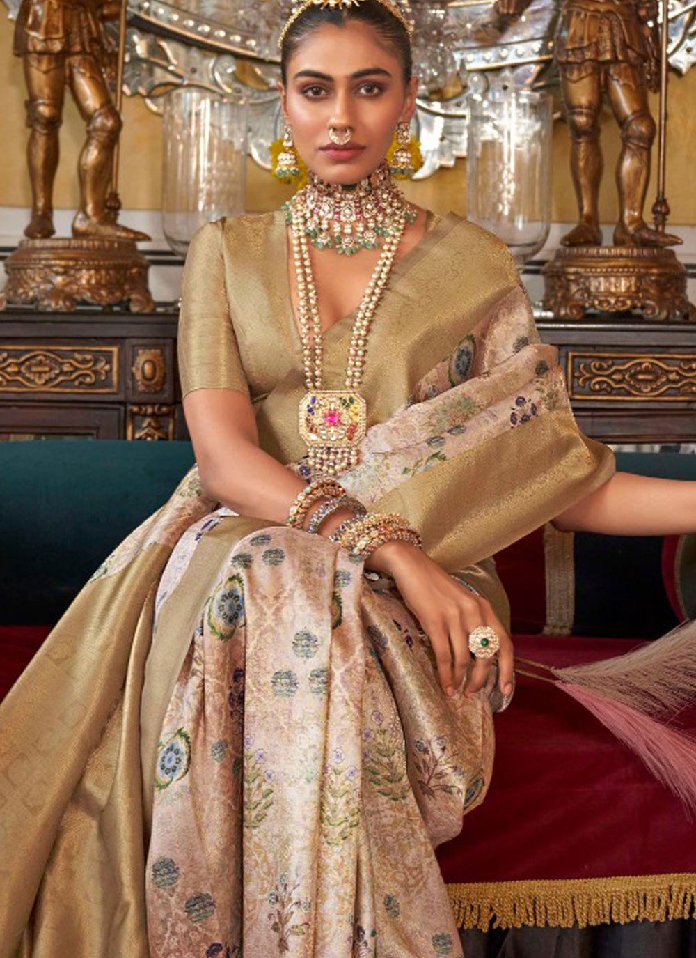 Contemporary Border Work Tussar Silk Beige, Brown Saree - S11388