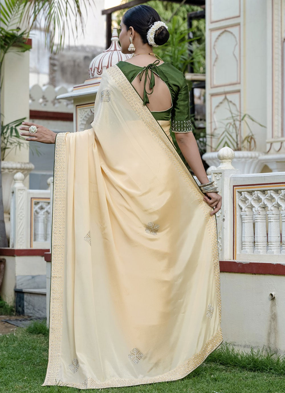 Cream Chinon Contemporary Saree Beads, Border Work, Hand Embroidery, Zircon S15772