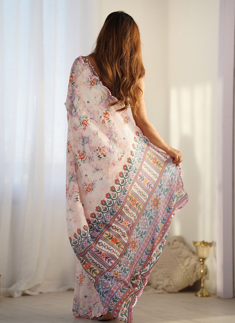Trendy Saree Digital Print Cream Chinon S12386