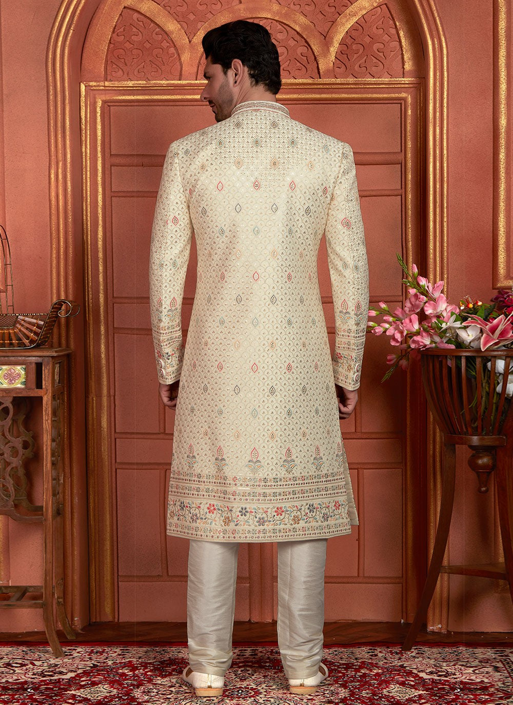 Embroidered Art Silk Cream Sherwani - M8277