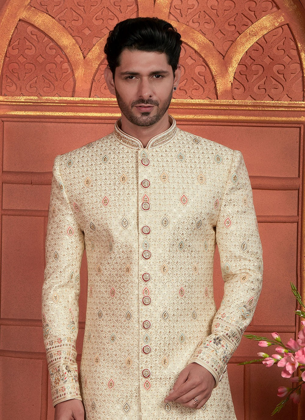Embroidered Art Silk Cream Sherwani - M8277