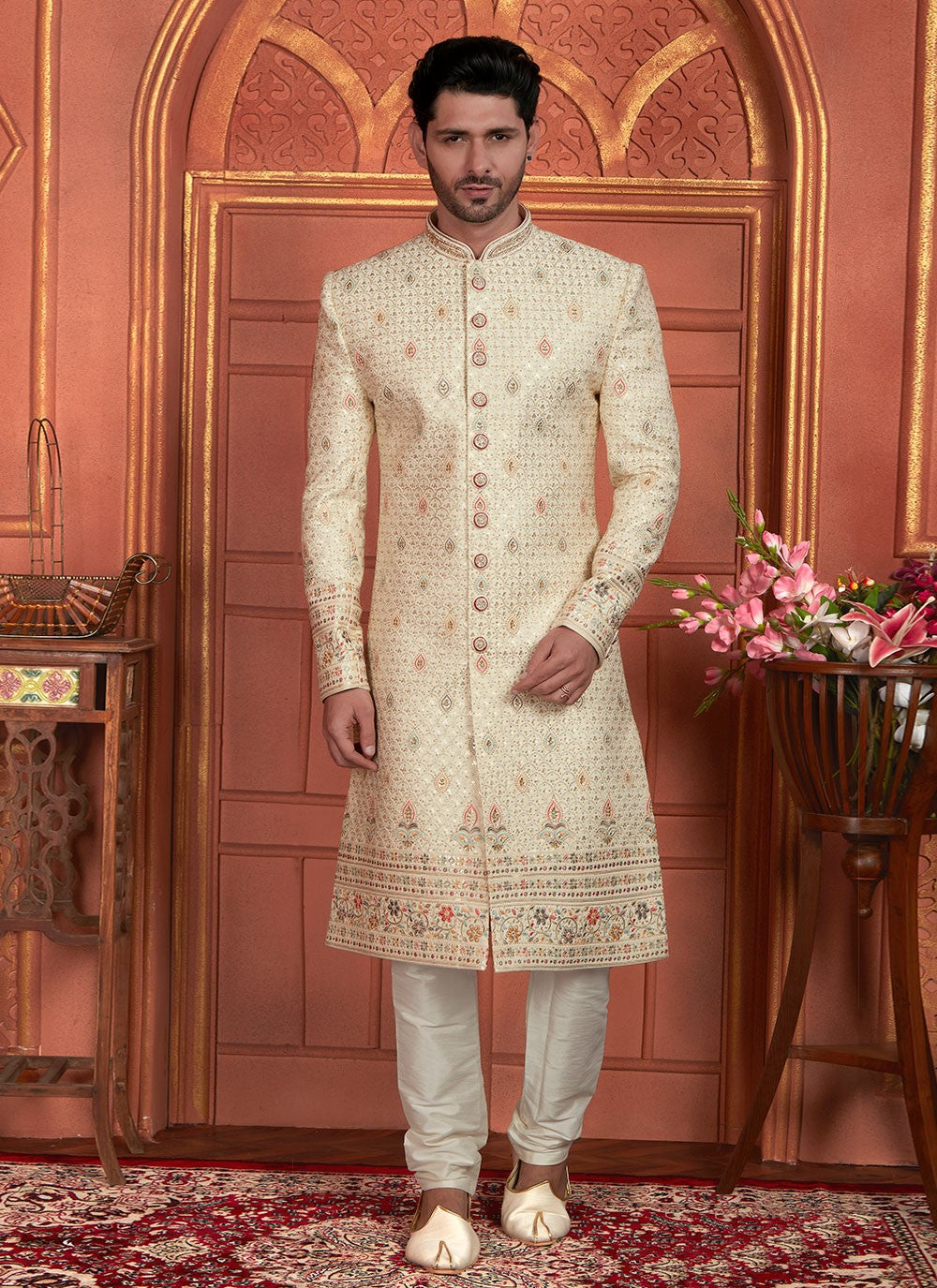 Embroidered Art Silk Cream Sherwani - M8277